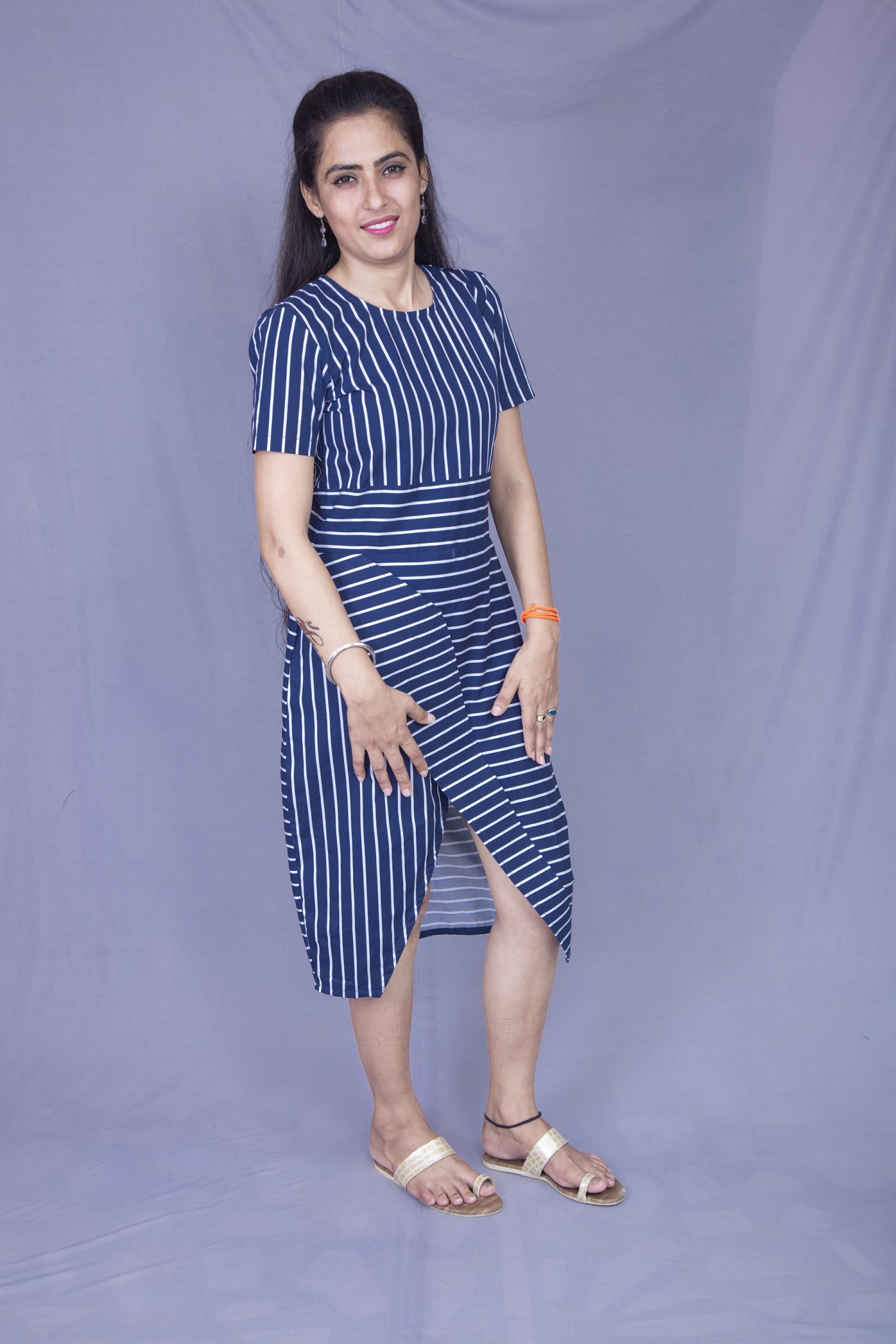 Blue slit-organic cotton dress