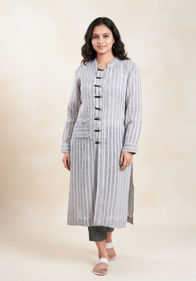 Handloom Inspired Striped Tunic with Oriental Buttons