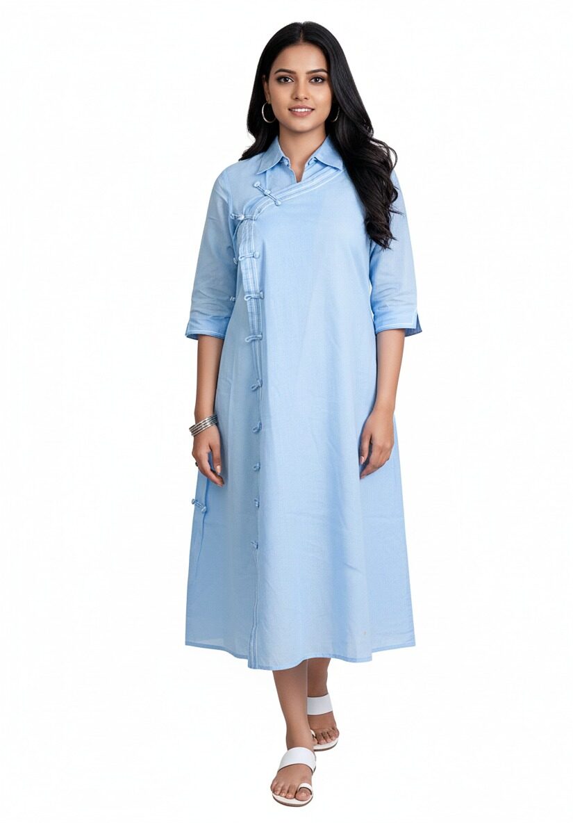 Sky Blue Overlap Button-Detail Midi Dress