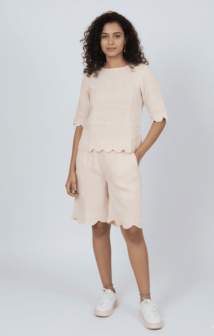 Peach Scallop Linen Bermuda Set