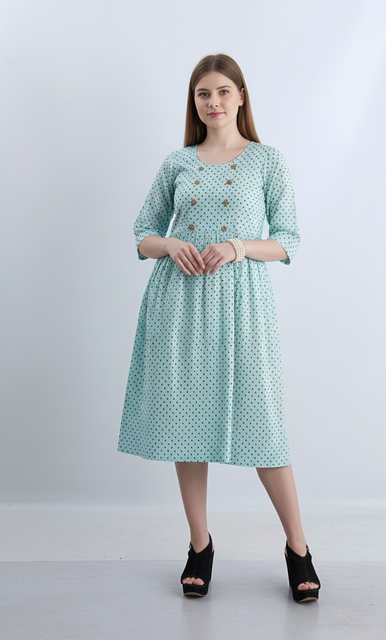 Mint Polka Cotton Midi Dress