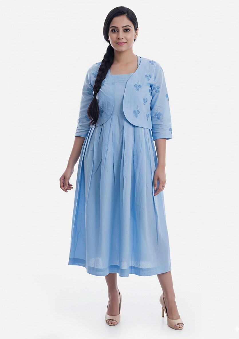 Powder Blue Organic Cotton Dress with Embroidered Jacket