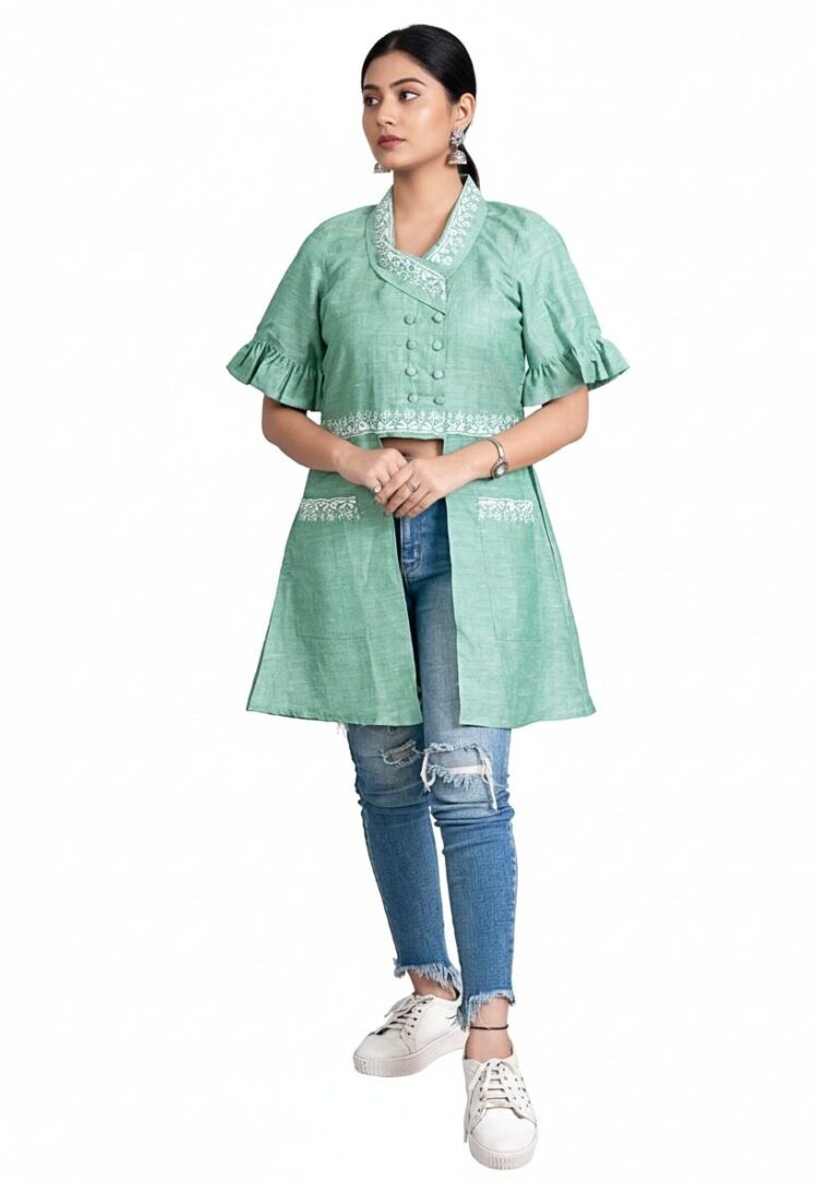 "Emerald Bloom" Embroidered Linen Jacket